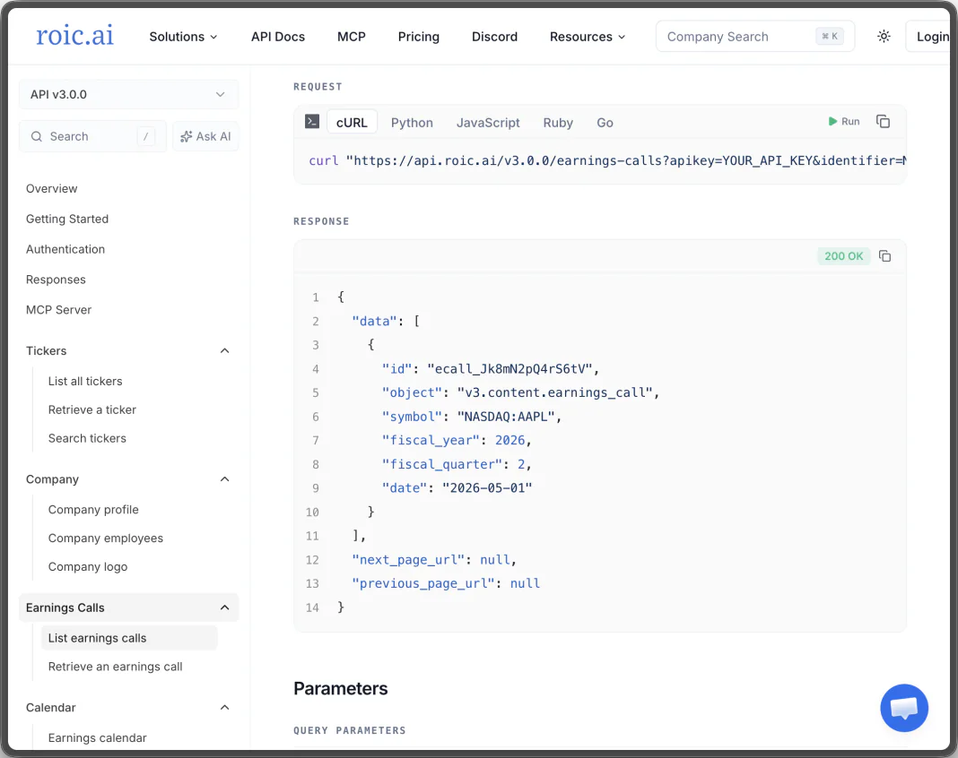 roic.ai earnings calls API documentation